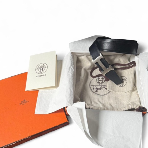 Hermes Reversible Leather Belt with Silver Buckle (Black/Taupe) | Noir/Étain - Picture 1 of 2